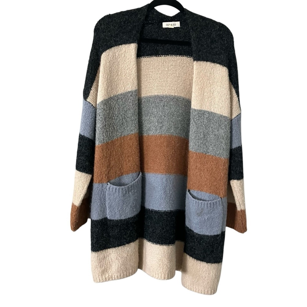 Fashion On Earth Striped Open‎ Front Knit Cardigan Sweater Size S Pockets Casual